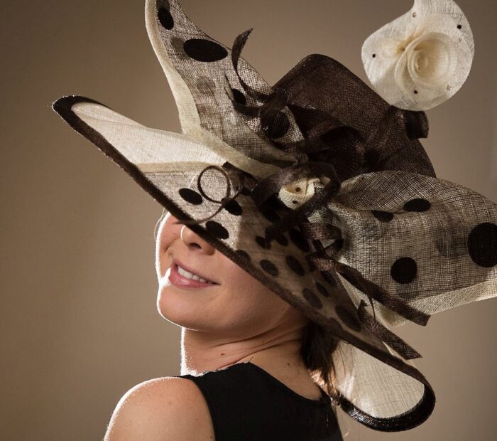 Handmade Cream & Brown Sinamay Occasion Hat, Polka Dot Bow