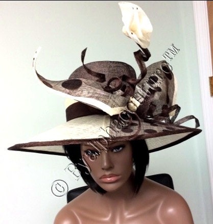 Handmade Cream & Brown Sinamay Occasion Hat, Polka Dot Bow