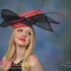 Shellie - Crimson Sinamay Fascinator. Black Lace Bow & Red Quills - Statement Headpiece.