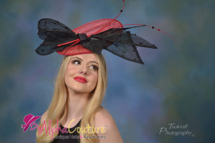 Shellie - Crimson Sinamay Fascinator. Black Lace Bow & Red Quills - Statement Headpiece.