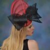 Shellie - Crimson Sinamay Fascinator. Black Lace Bow & Red Quills - Statement Headpiece.