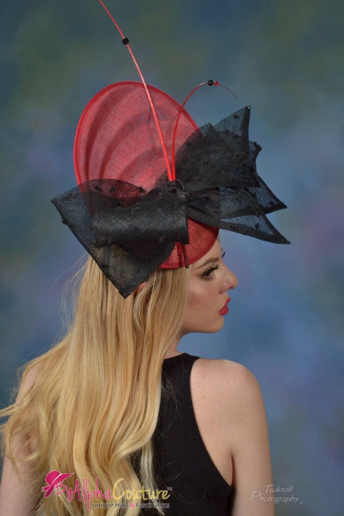 Shellie - Crimson Sinamay Fascinator. Black Lace Bow & Red Quills - Statement Headpiece.