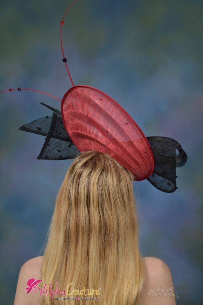 Shellie - Crimson Sinamay Fascinator. Black Lace Bow & Red Quills - Statement Headpiece.