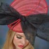 Shellie - Crimson Sinamay Fascinator. Black Lace Bow & Red Quills - Statement Headpiece.