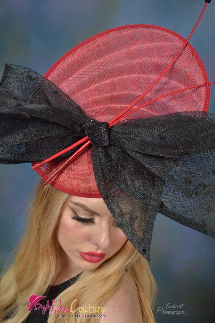 Shellie - Crimson Sinamay Fascinator. Black Lace Bow & Red Quills - Statement Headpiece.