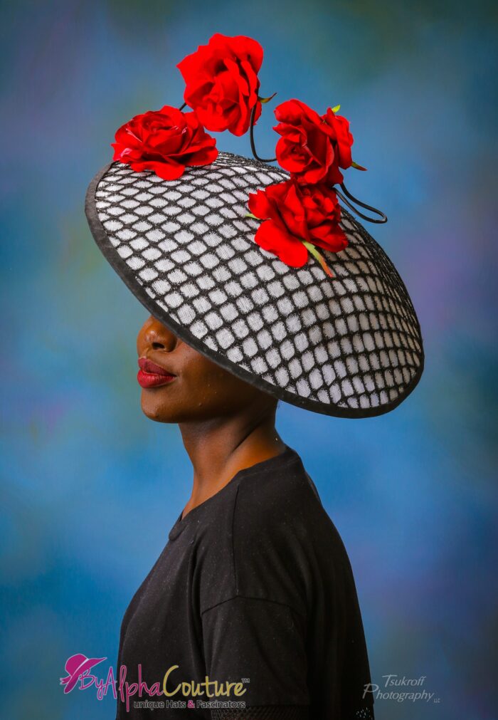 Red & Black Sinamay Hatinator: Silk Roses, Royal Ascot Kentucky Derby Hat - Fantasia