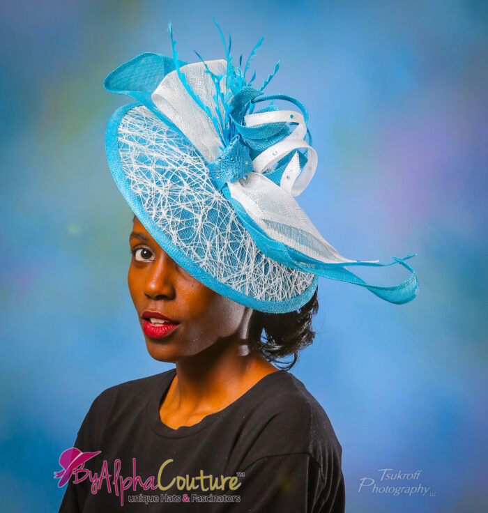 il_fullxfull.1186068670_58is Phyllis-Nicky - Blue & White Fascinator. Royal Ascot Derby Headpiece.