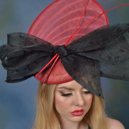 Shellie - Crimson Sinamay Fascinator. Black Lace Bow & Red Quills - Statement Headpiece.