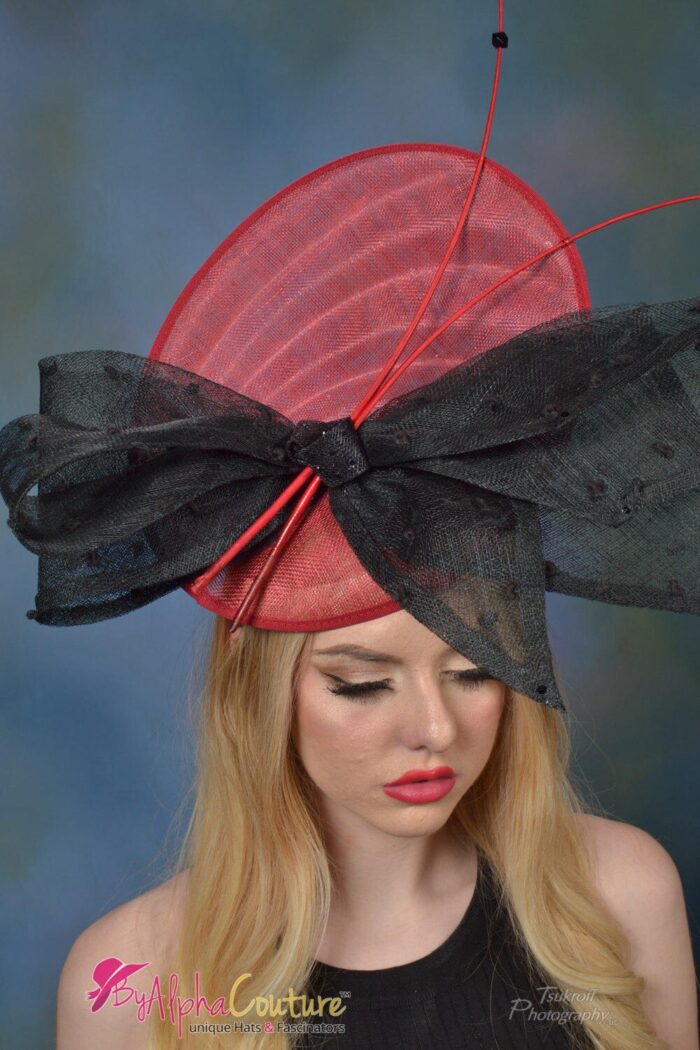 Shellie - Crimson Sinamay Fascinator. Black Lace Bow & Red Quills - Statement Headpiece.