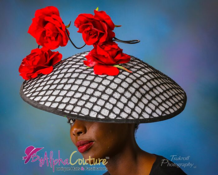 Red & Black Sinamay Hatinator: Silk Roses, Royal Ascot Kentucky Derby Hat - Fantasia