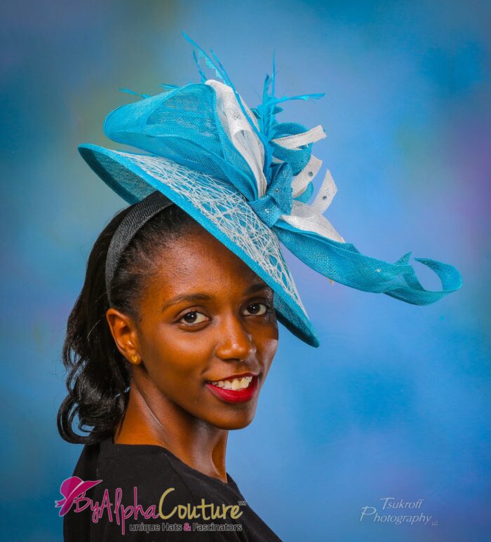 il_fullxfull.1233282319_4746 Phyllis-Nicky - Blue & White Fascinator. Royal Ascot Derby Headpiece.