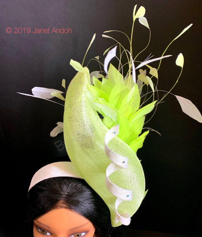 Adinkra Flame Mint. Green Feather Fascinator. Pearl & Crystal Derby Hat