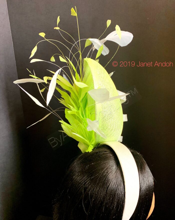 Adinkra Flame Mint. Green Feather Fascinator. Pearl & Crystal Derby Hat