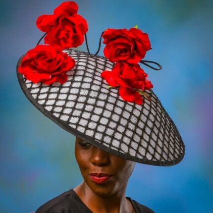 Red & Black Sinamay Hatinator: Silk Roses, Royal Ascot Kentucky Derby Hat - Fantasia