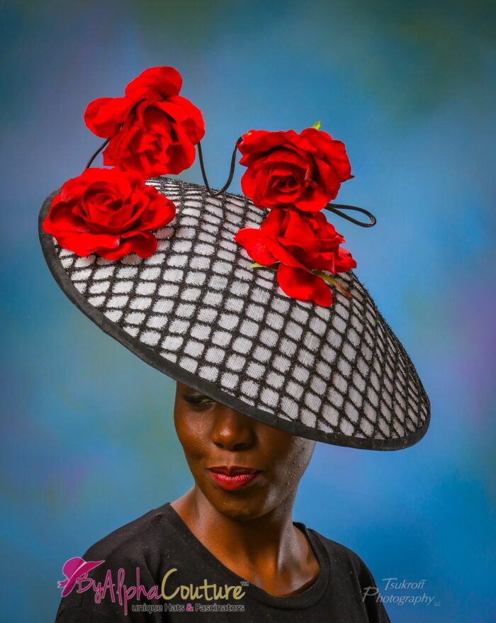 Red & Black Sinamay Hatinator: Silk Roses, Royal Ascot Kentucky Derby Hat - Fantasia