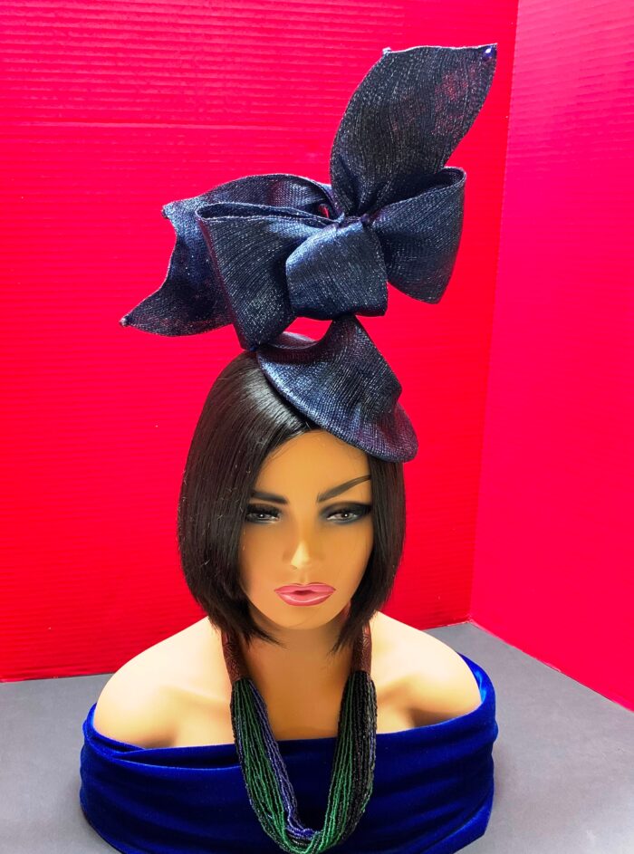 Davina - Navy & Silver Sculptural Bow Fascinator. Couture Sinamay Hat.