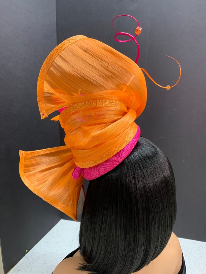 Tropique Fleur - Orange & Fuschia Feather Fascinator. Silk Abaca Wedding Headpiece.