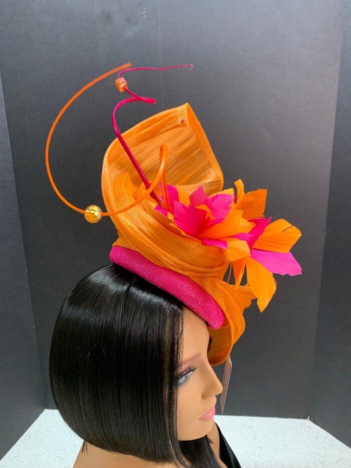Tropique Fleur - Orange & Fuschia Feather Fascinator. Silk Abaca Wedding Headpiece.