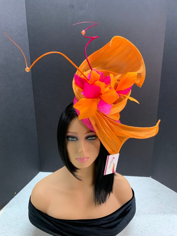 Tropique Fleur - Orange & Fuschia Feather Fascinator. Silk Abaca Wedding Headpiece.