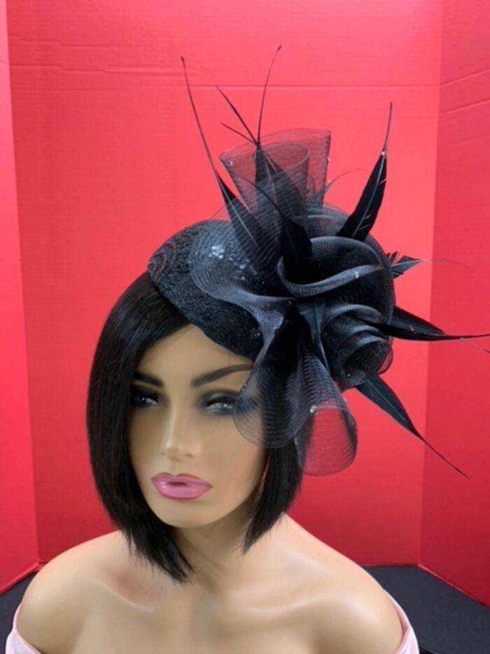 Noire Envy - Black Guipure Lace Fascinator: Sequined Feather Wedding Hat
