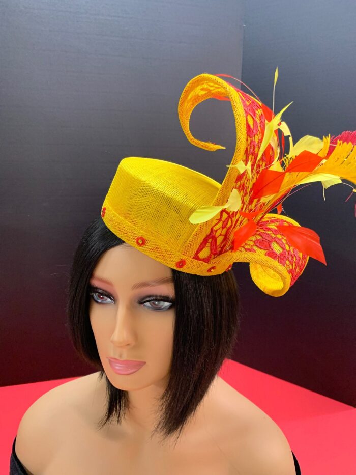 Ayanda - Yellow & Red Pillbox Hat: Kentucky Derby Royal Ascot Fascinator