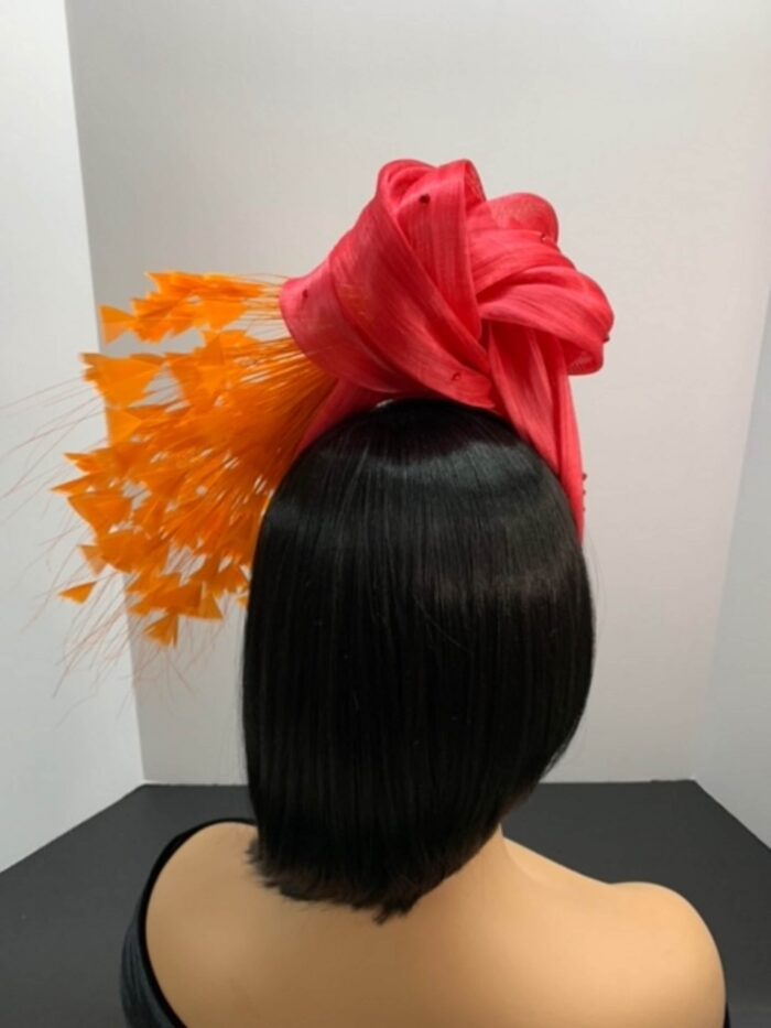 Zorana Red.  Red Knot Fascinator: Silk Abaca Headband with Orange Feathers.