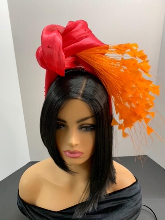 Zorana Red.  Red Knot Fascinator: Silk Abaca Headband with Orange Feathers.