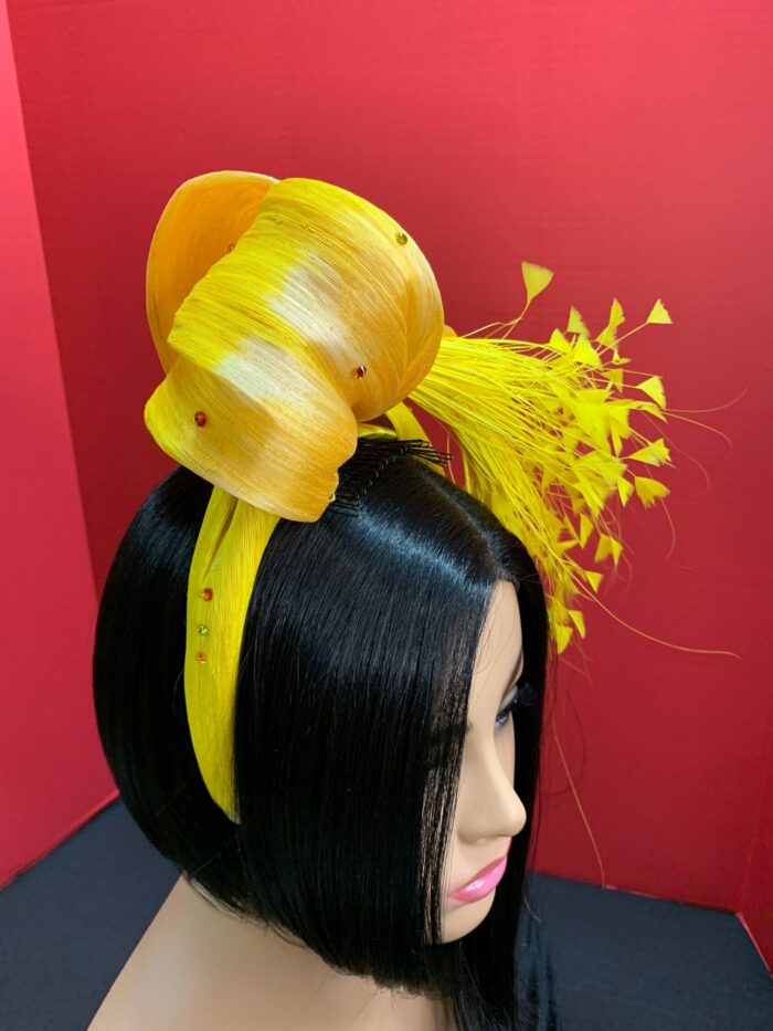 il_fullxfull.3747778198_dtee Yellow Feather Fascinator: Silk Abaca Knot Headband, Derby Hat - Zoranda yellow