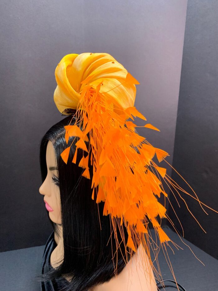 Orange Feather Fascinator: Silk Abaca Knot Headband, Derby Hat - Zoranda