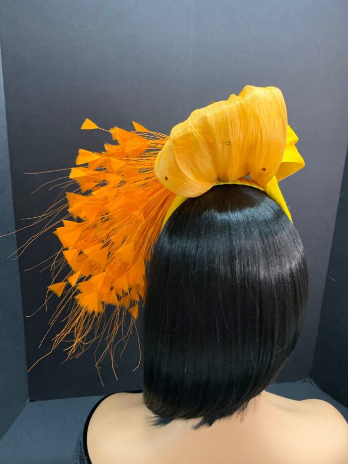 Orange Feather Fascinator: Silk Abaca Knot Headband, Derby Hat - Zoranda