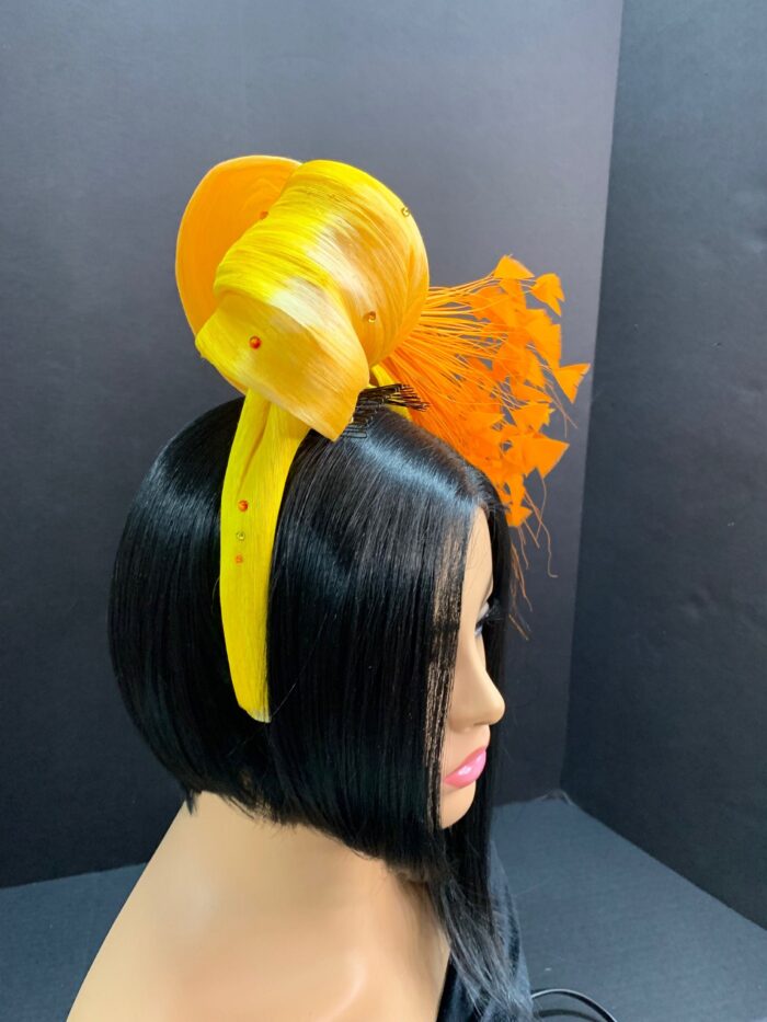 Orange Feather Fascinator: Silk Abaca Knot Headband, Derby Hat - Zoranda