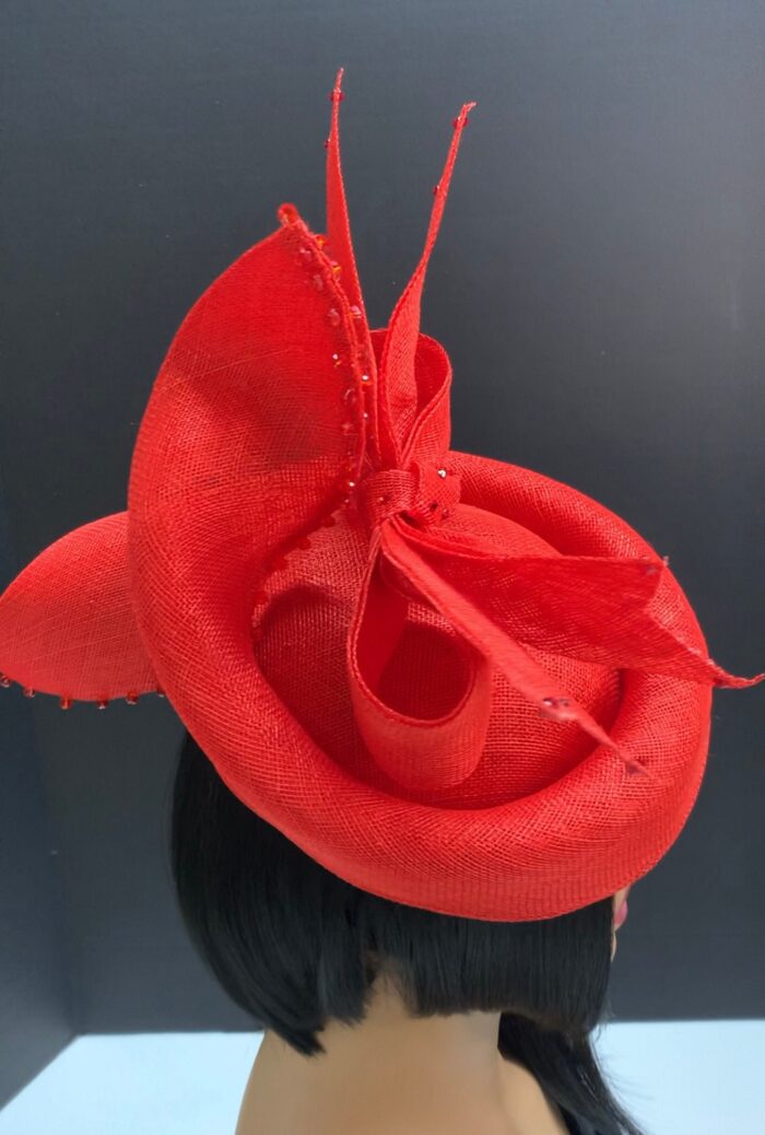 Jacinta - Red Sinamay Crown Hat: Sculpted Beaded Millinery - ByAlpha Couture.