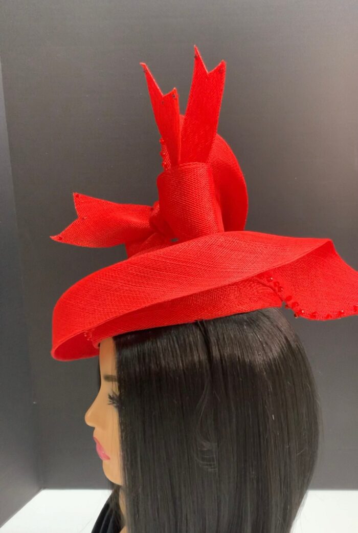 Jacinta - Red Sinamay Crown Hat: Sculpted Beaded Millinery - ByAlpha Couture.