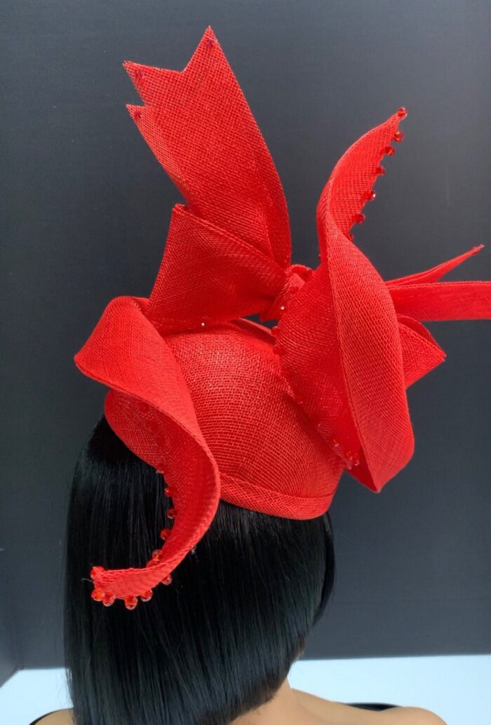 Jacinta - Red Sinamay Crown Hat: Sculpted Beaded Millinery - ByAlpha Couture.