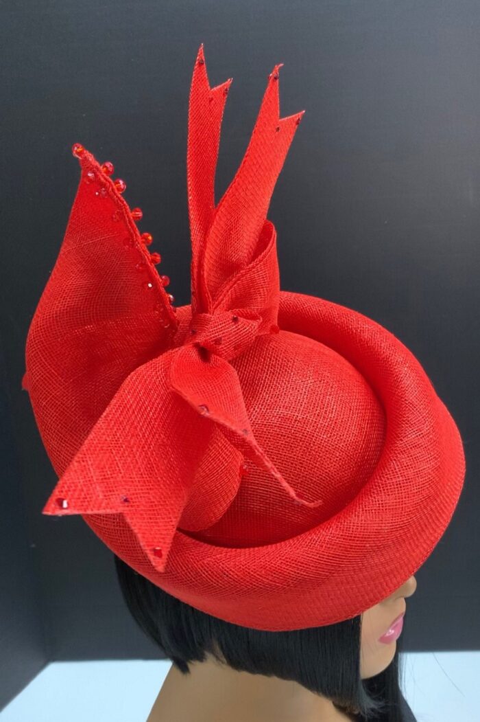 Jacinta - Red Sinamay Crown Hat: Sculpted Beaded Millinery - ByAlpha Couture.