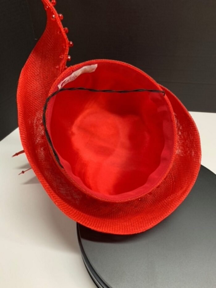 Jacinta - Red Sinamay Crown Hat: Sculpted Beaded Millinery - ByAlpha Couture.