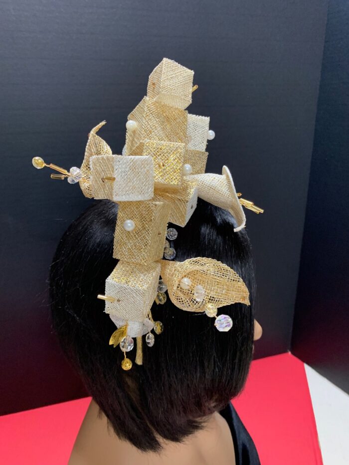Ariyike - Gold Fascinator with Pearls & Crystal Sprays. Handmade Church Wedding Headpiece.