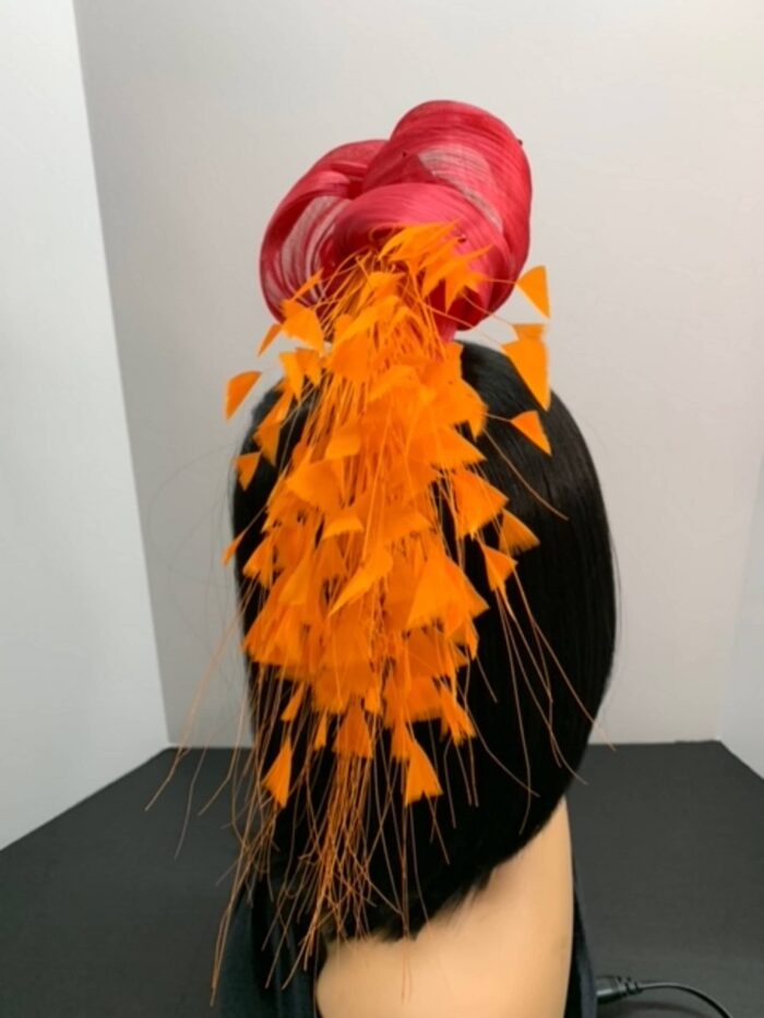 Zorana Red.  Red Knot Fascinator: Silk Abaca Headband with Orange Feathers.