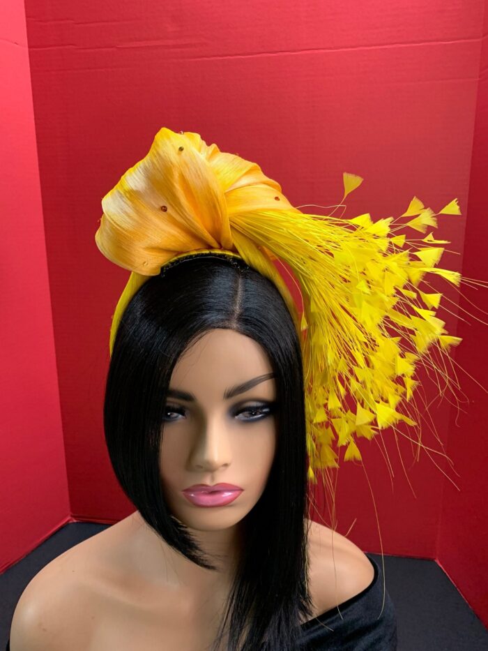 il_fullxfull.3795373025_eoo5 Yellow Feather Fascinator: Silk Abaca Knot Headband, Derby Hat - Zoranda yellow