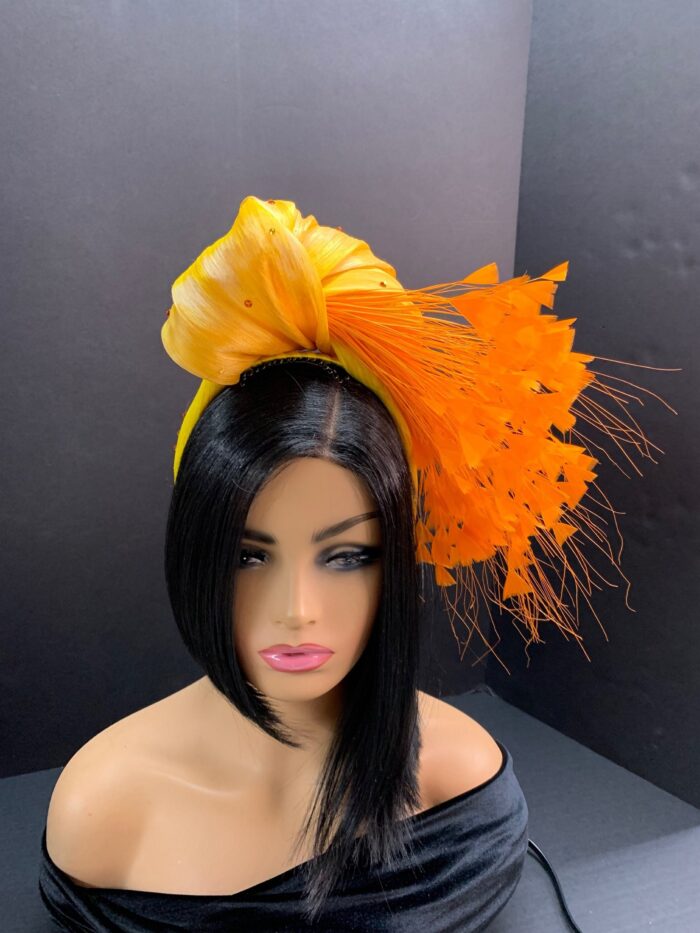 Orange Feather Fascinator: Silk Abaca Knot Headband, Derby Hat - Zoranda