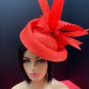 Jacinta - Red Sinamay Crown Hat: Sculpted Beaded Millinery - ByAlpha Couture.