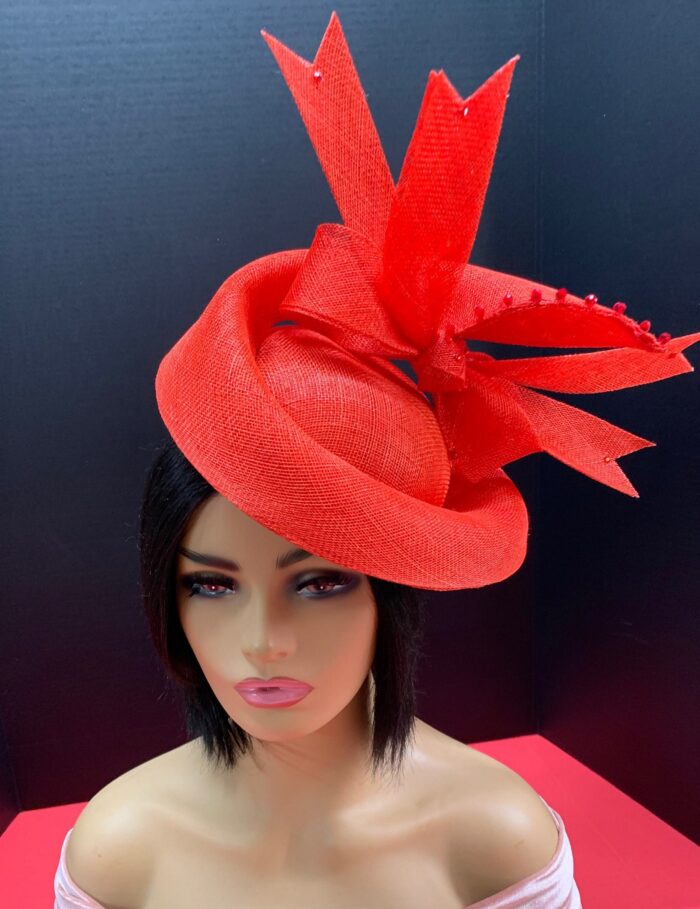 Jacinta - Red Sinamay Crown Hat: Sculpted Beaded Millinery - ByAlpha Couture.