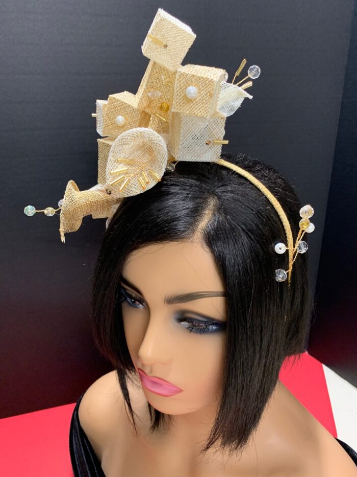 Ariyike - Gold Fascinator with Pearls & Crystal Sprays. Handmade Church Wedding Headpiece.
