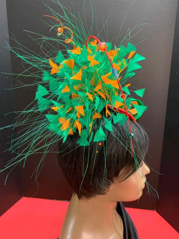 Jackie - Orange & Green Sinamay Fascinator: Handmade Statement Headpiece