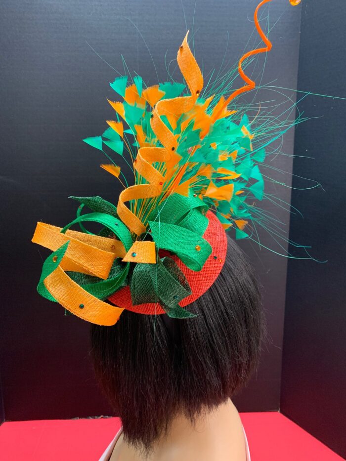 Jackie - Orange & Green Sinamay Fascinator: Handmade Statement Headpiece