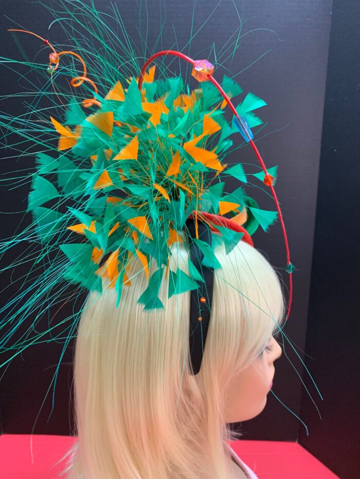 Jackie - Orange & Green Sinamay Fascinator: Handmade Statement Headpiece