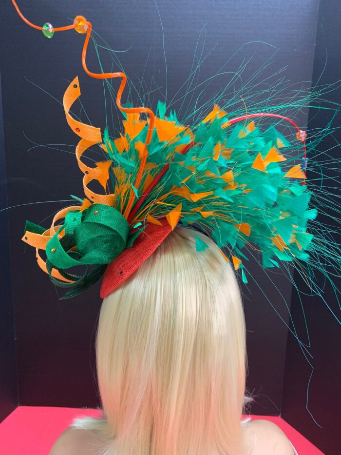 Jackie - Orange & Green Sinamay Fascinator: Handmade Statement Headpiece
