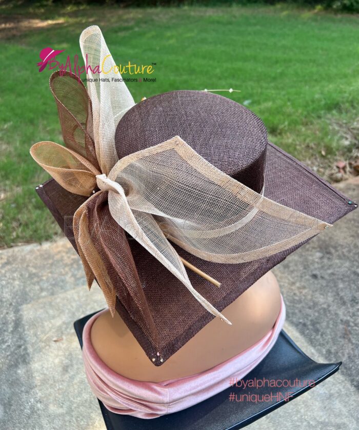 Sinamay Square Brim Hatinator – Chocolate Brown, Pearl Quill