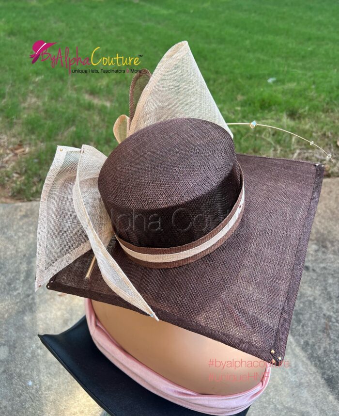 Sinamay Square Brim Hatinator – Chocolate Brown, Pearl Quill