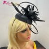 Diana - Black Pillbox Hat Fascinator.  Satin Loops, Feather Mount, Swarovski Crystals.